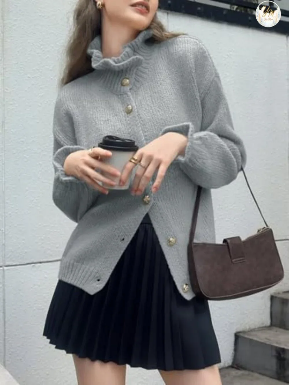 Womens Ruffle Cardigan Oversized Button Up Ribbed Knit Open Front Long Sleeve